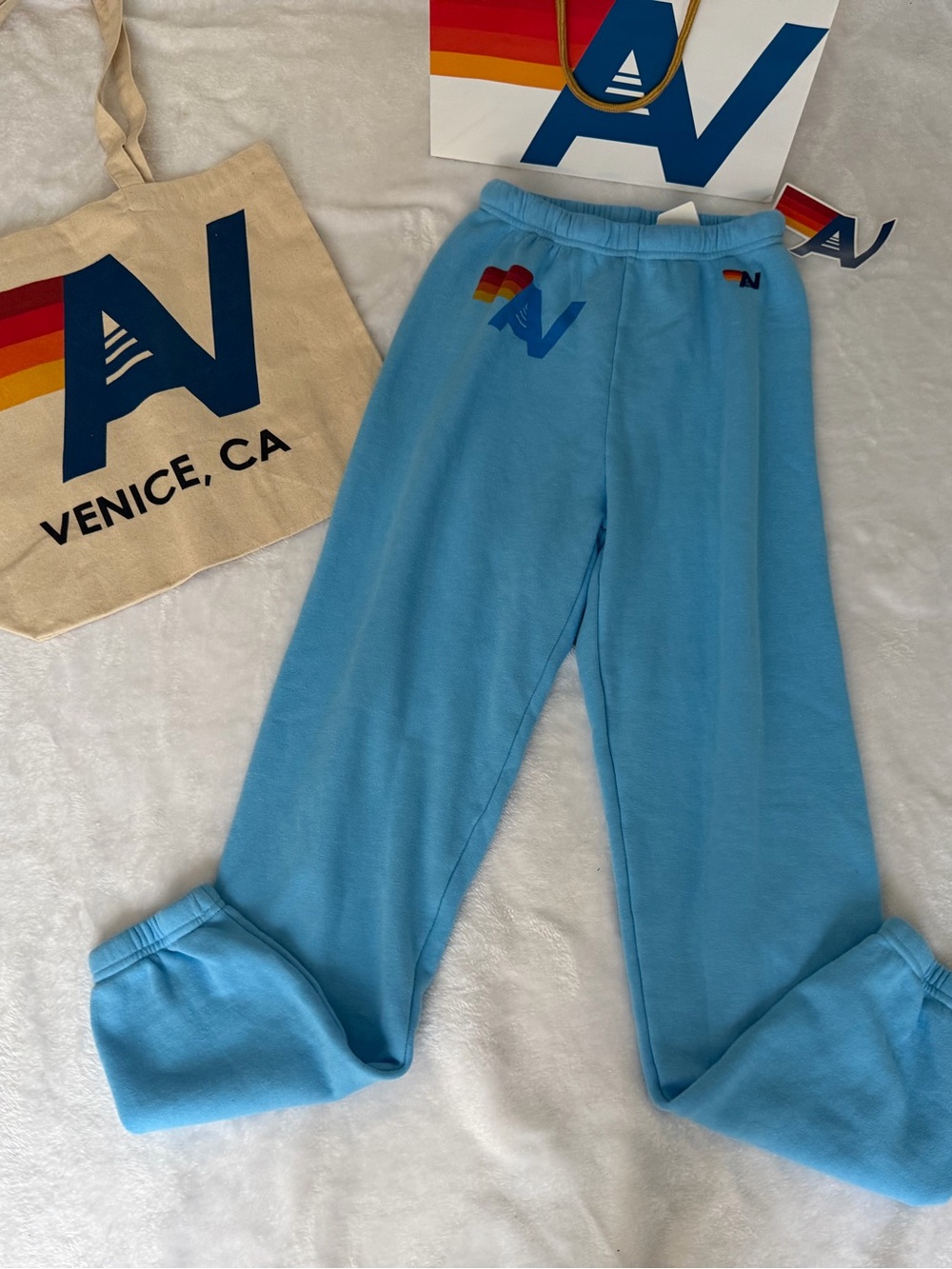 New with tag Aviator Nation Venice logo Sky  Sweatpants in Small + Tote bag